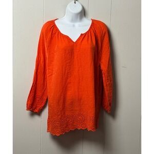 Soft Surroundings Women's Orange Eyelet Cotton Top Split Neck Long Sleeve Sz PXL